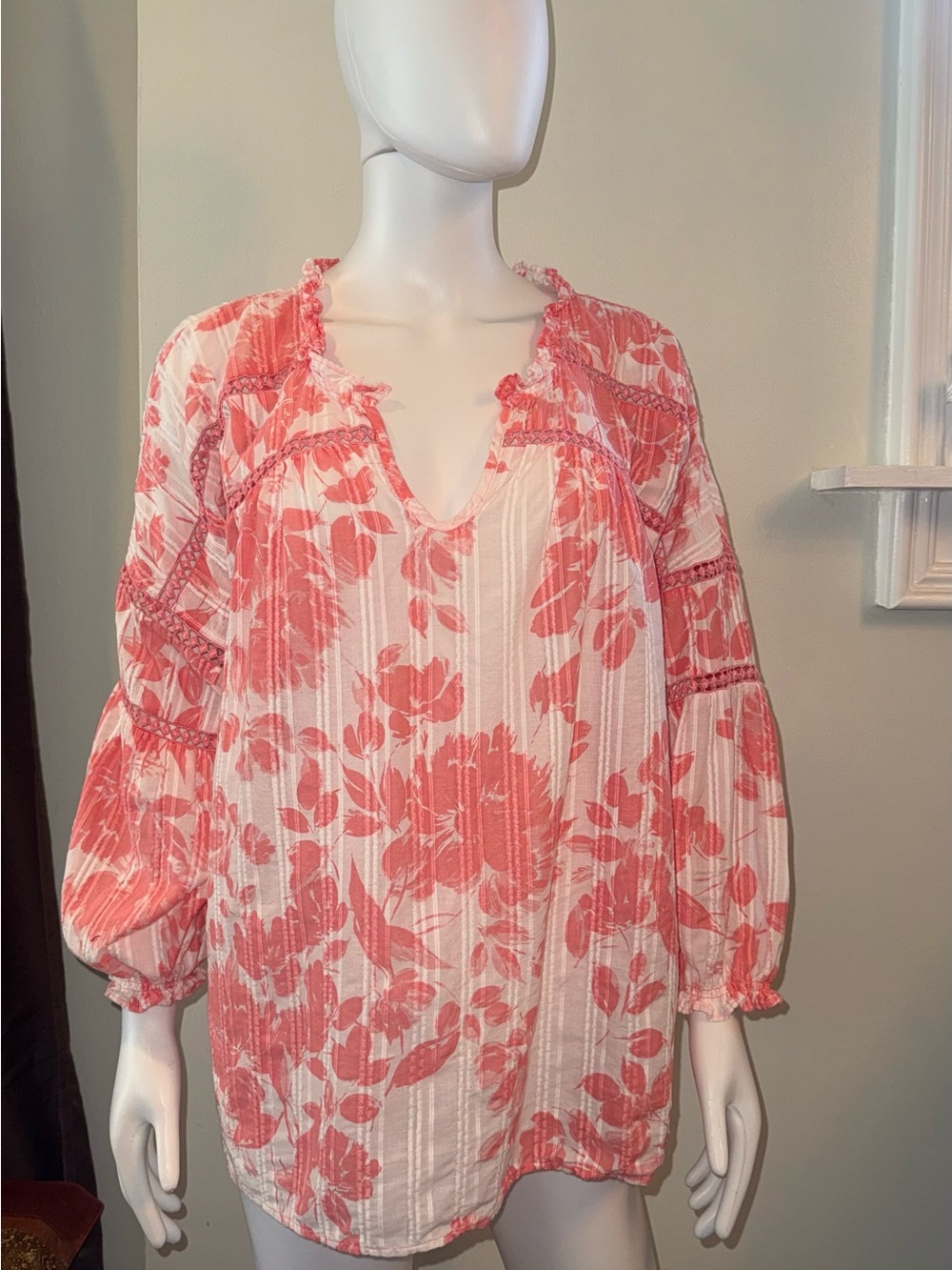 Style & Co. Coral Floral Peasant Blouse on White